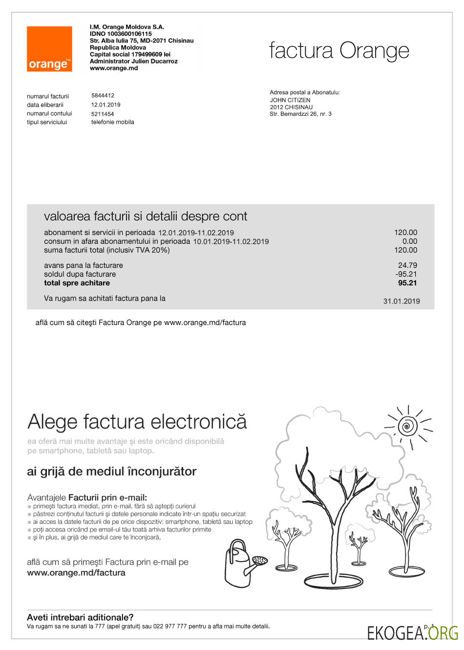Moldova Orange utility bill template, fully editable in PSD format